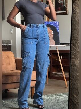 Tall Wide Leg Cargo Jeans Medium Blue Wash 35” Inseam High Rise Utility Denim